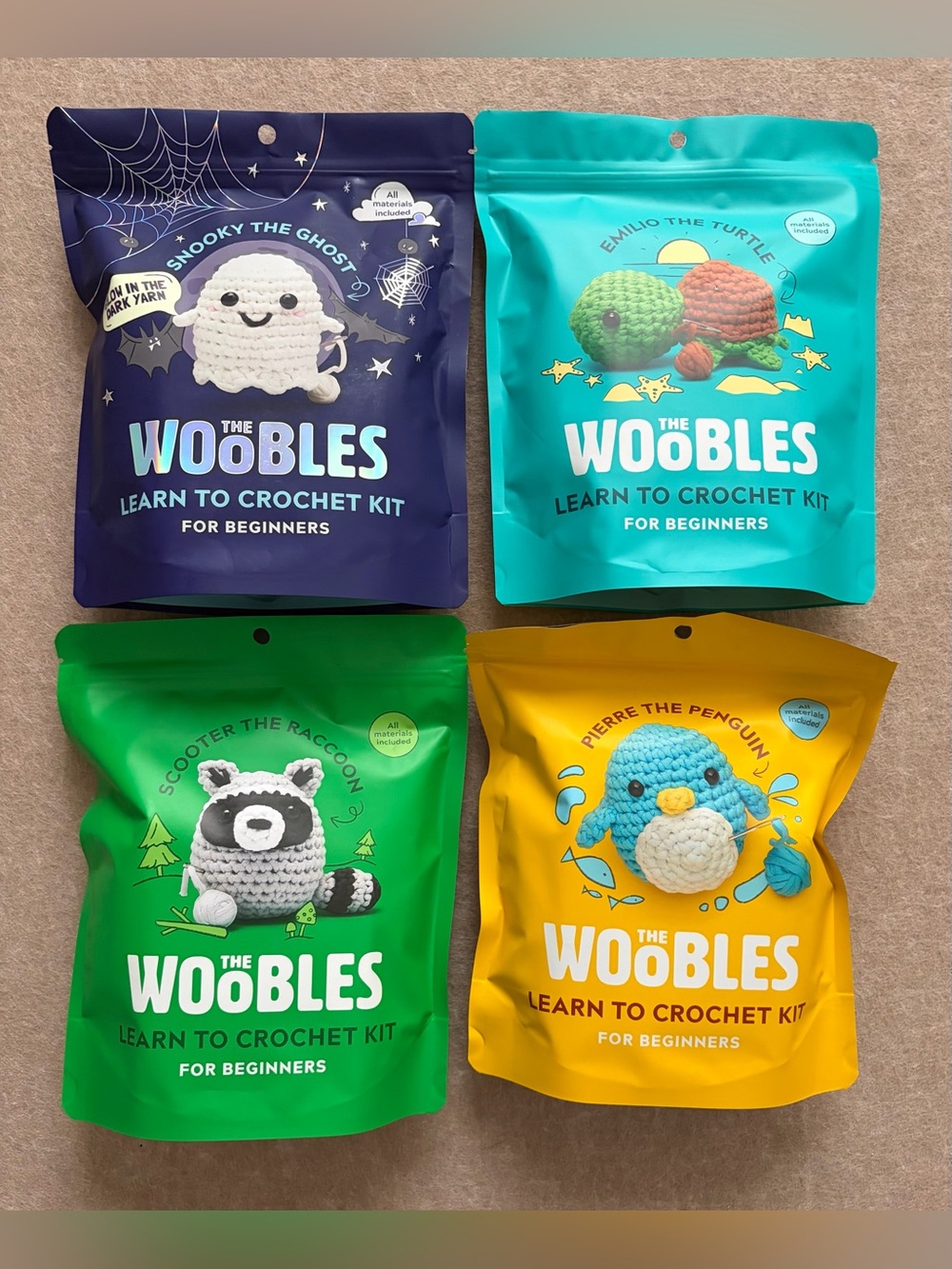 The Woobles Crochet Kit Lot Snooky Ghost Emilio Turtle Scooter Raccoon Pierre
